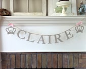 Custom German Glass Glitter Name Garland-Serif Font-with Fleur de Lis Crowns