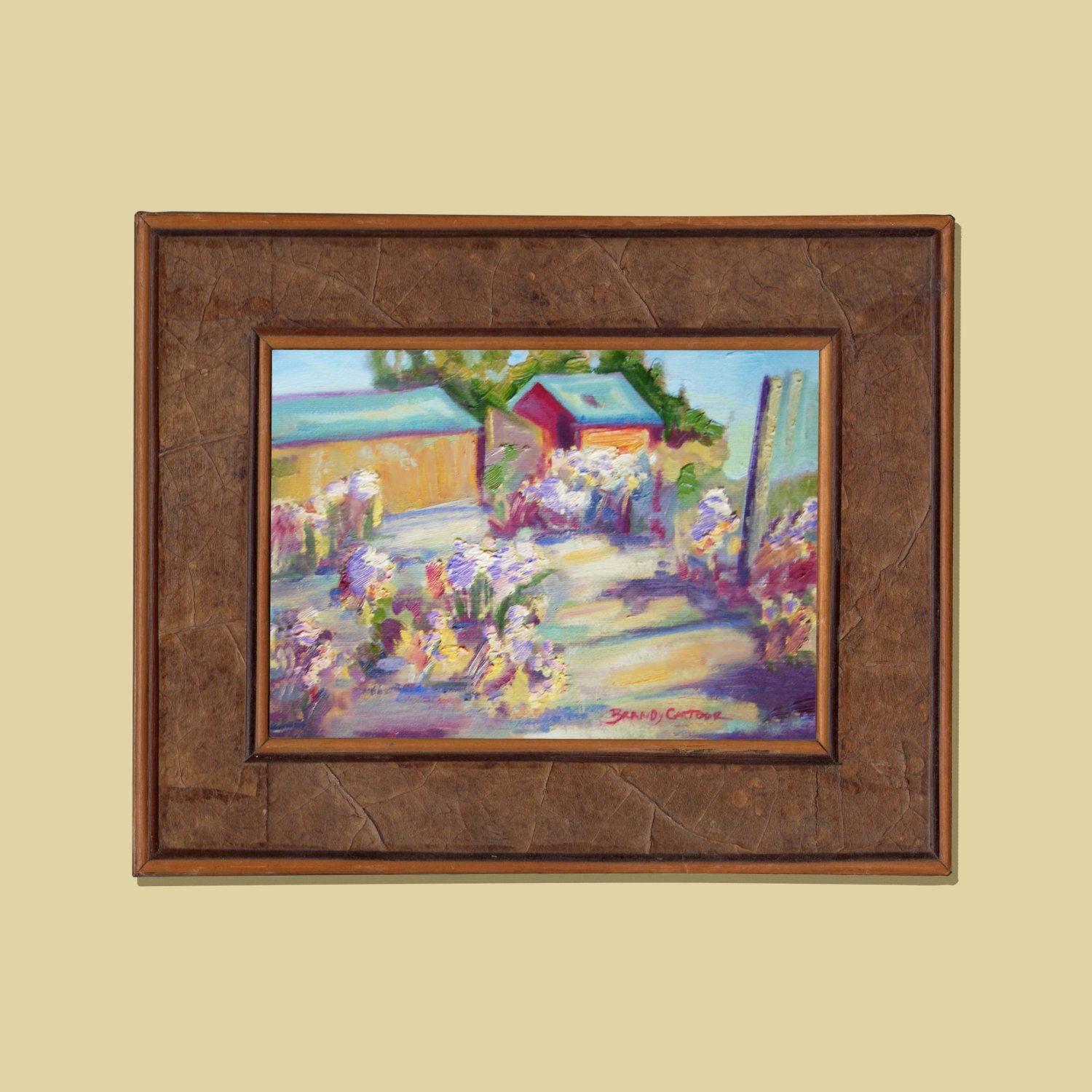 Fine Art, 8x10, landscape painting. "Walkway by the Flowers". ORIGINAL Oil painting. Thick painting with flowers and cottage. 50% off