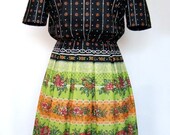 Vintage Floral and Lace Print Simple Casual Style Handmade Pleat Dress with Round Neckline fit for XS / S sized Women