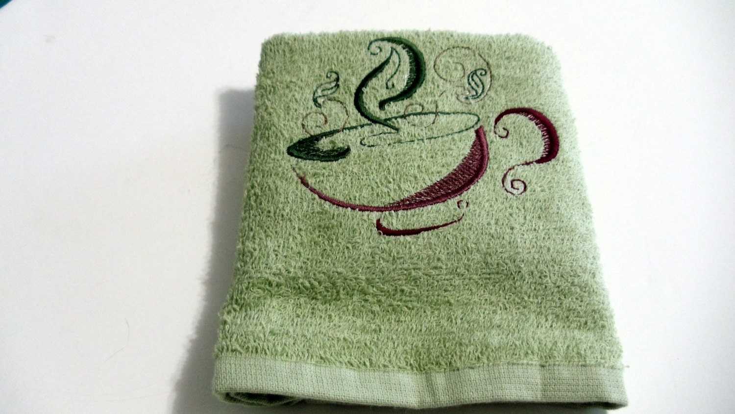 Embroidery Tea Cup Towel Cotton Kitchen Hand Towel Chervil Green