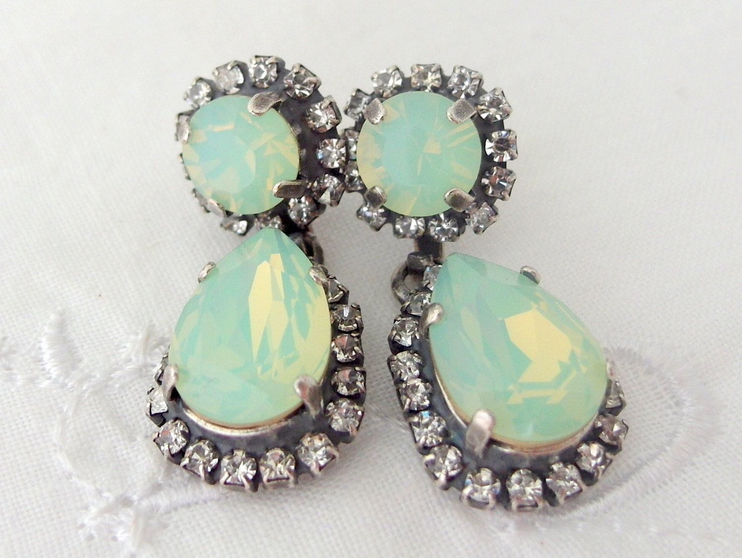 Mint Chandelier earrings, Drop earrings, Bridal earrings,Oxidized silver earrings, Swarovski Dangle earrings, Bridesmaids earrings, vintage