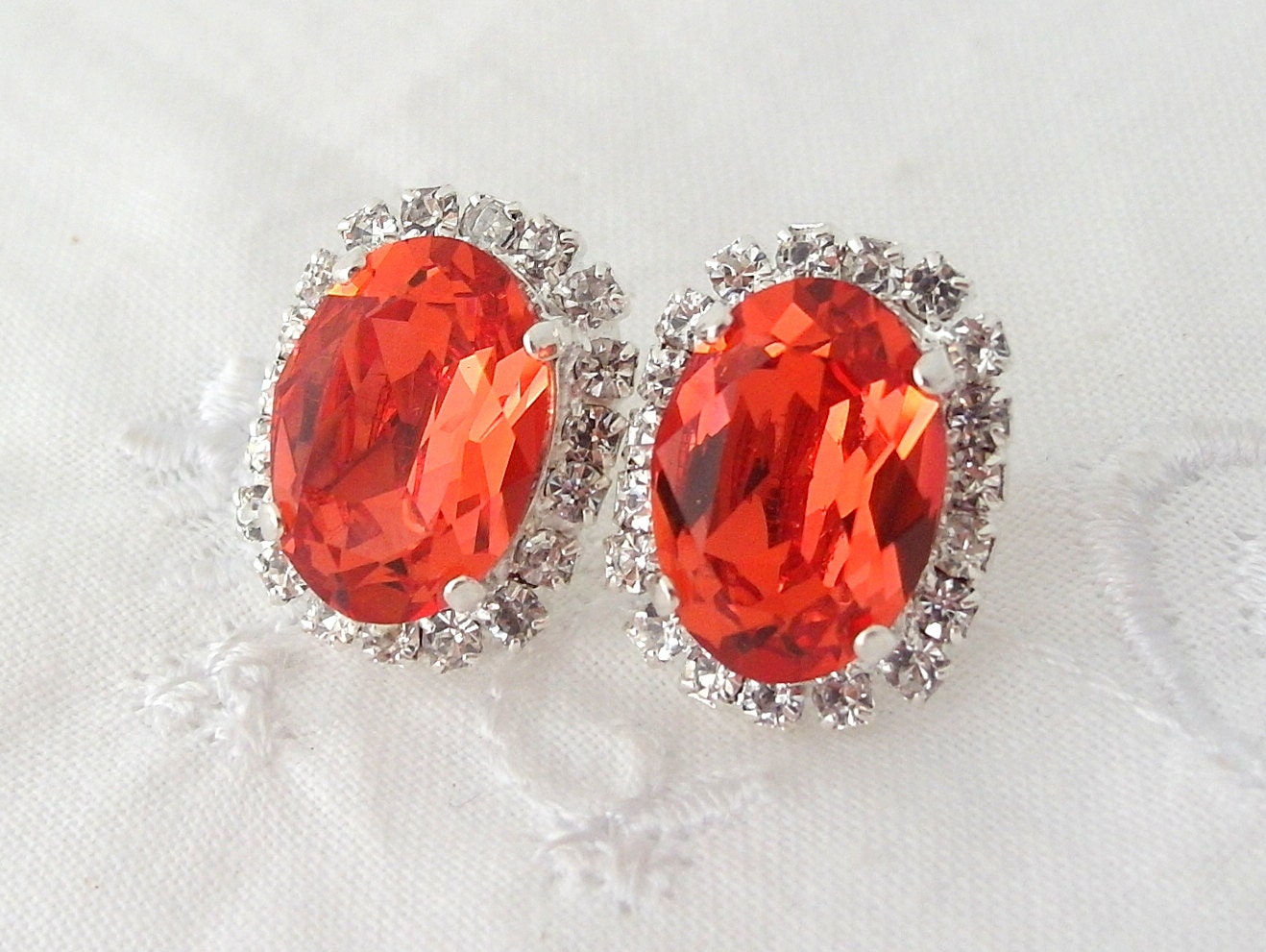Orange red Crystal oval stud earring, Silver plated stud earrings, Bridesmaids jewelry, Bridal earrings, Swarovski rhinestones