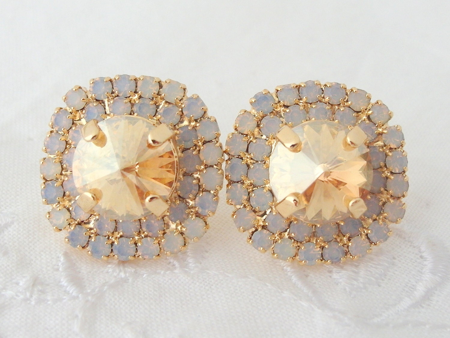 Bridal stud earrings, Champagne and white opal rhinestone stud earrings, Bridesmaids jewelry, Crystal large stud earrings