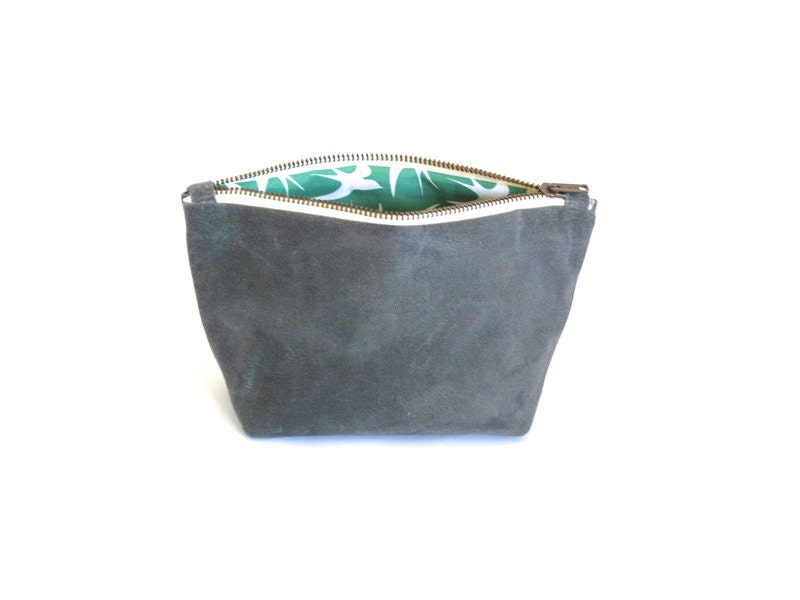 Waxed Canvas Zipper Pouch with Emerald swallow print - Pencil Case - Cosmetic Pouch - Craft Case