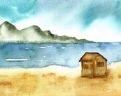 Original watercolor Seaside beach art painting Home decor Turquoise Blue Brown