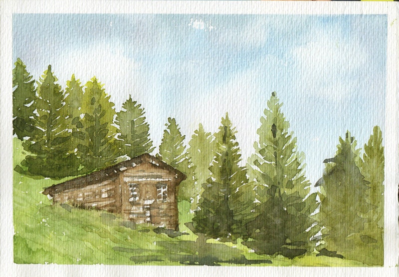 Original watercolor Green hills of Mountains art painting Home decor Cottage decor