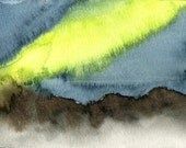 Watercolor painting original sky art mountains northern lights lime navy blue gray