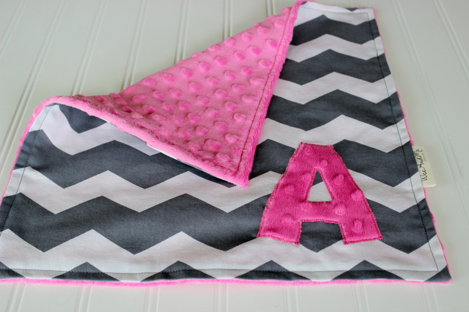 Custom Initial Chevron Lovey Baby Blanket - Pink Minky Security Blanket - by Wee and Me