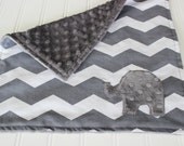Chevron Baby Security Blanket - Gray Minky Elephant lovey Blanket - by Wee and Me