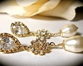 Pearl earrings - Crystal flowers - Pearl drop earrings - Long - 16k Gold over Sterling Silver posts - Bridal Jewelry -  Bridesmaids - Gift -