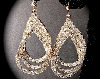 Rhinestone earrings  -  Gold - Triple layer  - Teardrops - Gold filled - Statement earrings Tons of Sparkle and Shine -