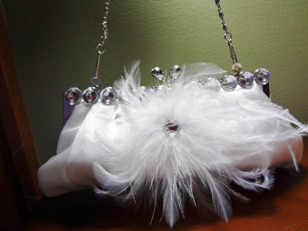 Bridal Clutch - White - Satin - Rhinestones - Feathers - Formal - Evening Bag - Clutch purse - Prom -