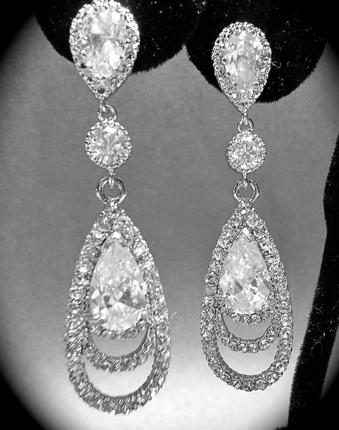 Rhinestone earrings - Long - Cubic Zirconia - Sterling Silver ear wires - Bridal Jewelry - Bridesmaids - gift -Prom -