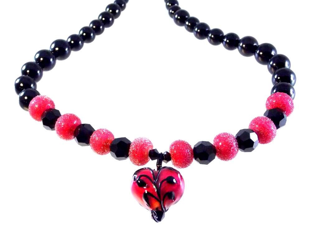 Valentines Day Heart Necklace Handmade Lampwork Glass Beads SRA Rose Red and Black - KittyKatGlassDesigns