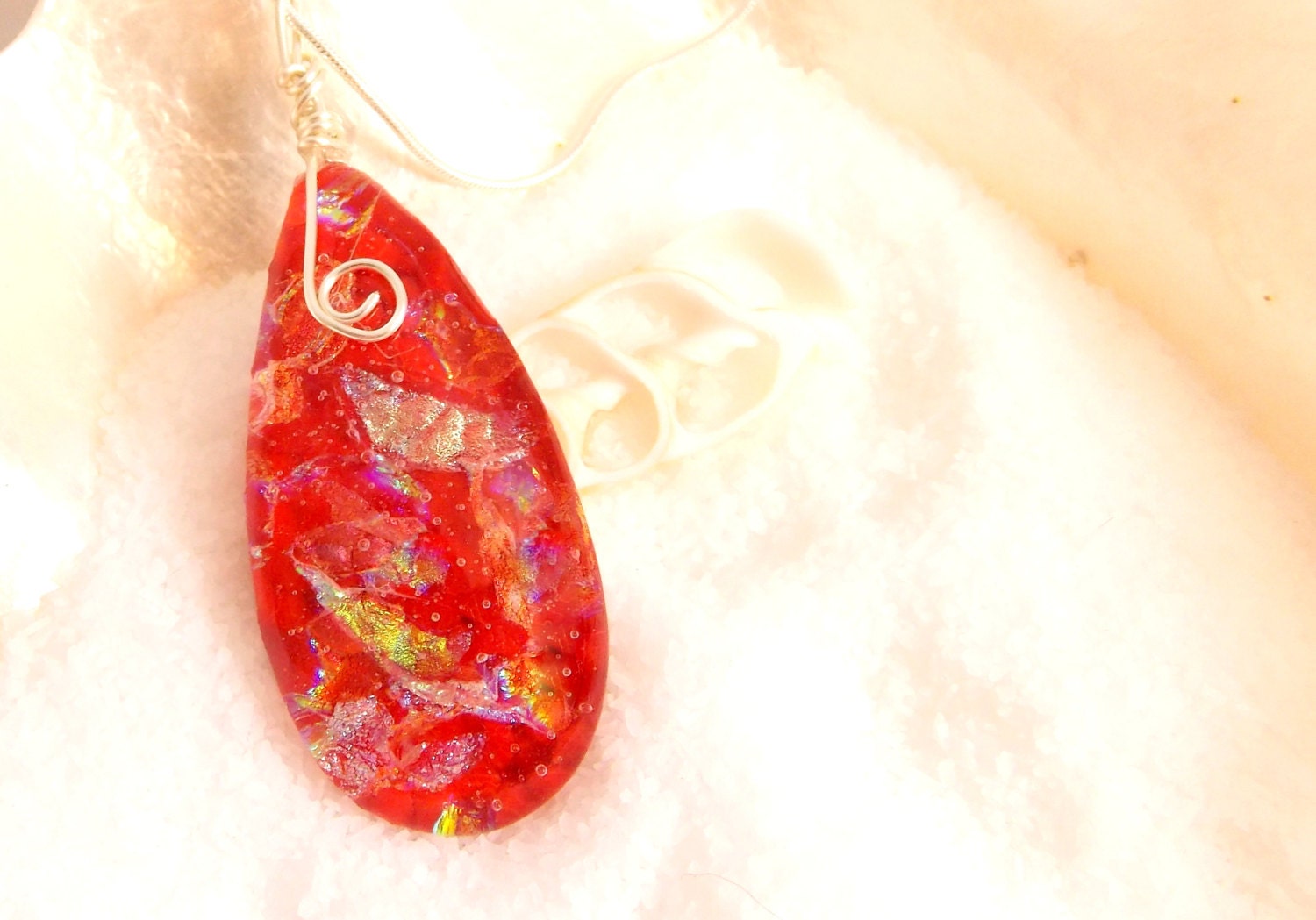 Wire Wrapped Red Dichroic Glass Pendant
