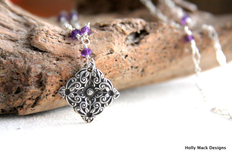 Handcrafted fine silver antique button charm necklace, PMC, wire wrapped amethyst, sterling silver chain and clasp