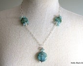 Necklace, boro glass, Swarovski crystals,  sterling silver chain, sterling silver toggle, blue, green, summer