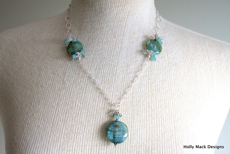 Necklace, boro glass, Swarovski crystals,  sterling silver chain, sterling silver toggle, blue, green, summer