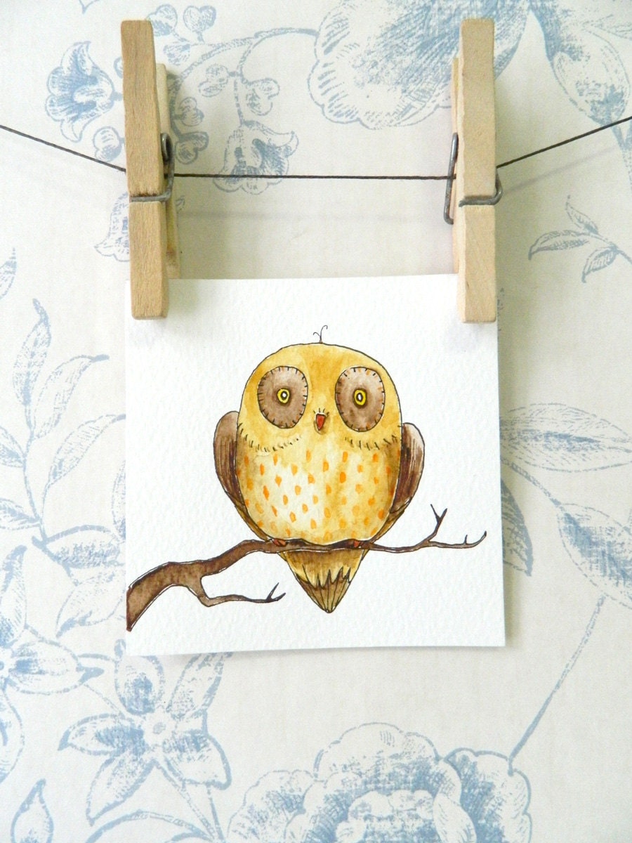 Mini original watercolor painting: cute owl 10 - 3.9" x 3.9" - FREE SHIPPING
