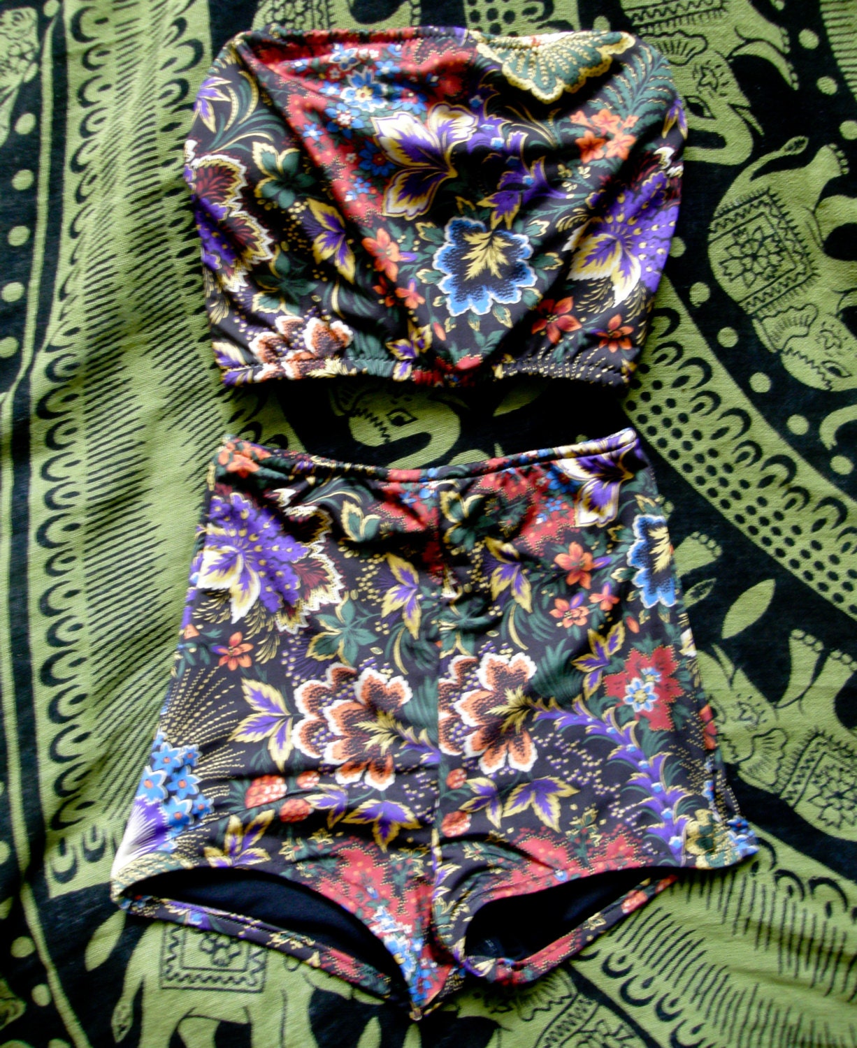 Floral vintage style high waisted bandeau top bikini swimsuit onesie