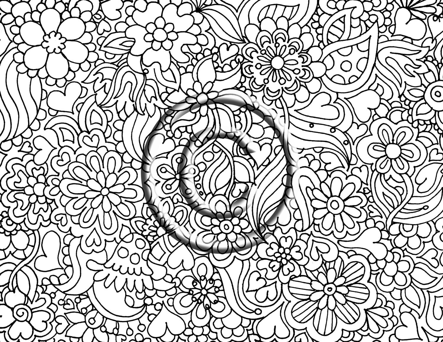 Instant Download Coloring Page Hand Drawn Zentangle Inspired Psychedelic "Flowers of Love" Abstract Zendoodle Doodle By Kat