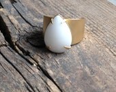 Gota Blanco Ring - Gold Brass & Large White Glass Drop, Vintage Stone with brushed Adjustable Ring Band