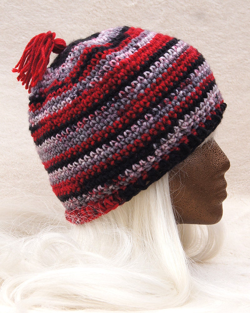 Tassle beanie semi-slouchy hat warm acrylic red, black, grey and white mens, womens, teens