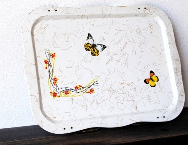 Vintage White Metal TV Tray, Large1970s Retro Butterfly Fold Out, Red Flowers & Butterflies