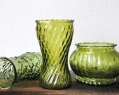Vintage Green Glass Vase Collection, Planter Flower Pot Hocking ALR Bowl, EO Brody Crinkle Cylinder, Home Decor Set (3)
