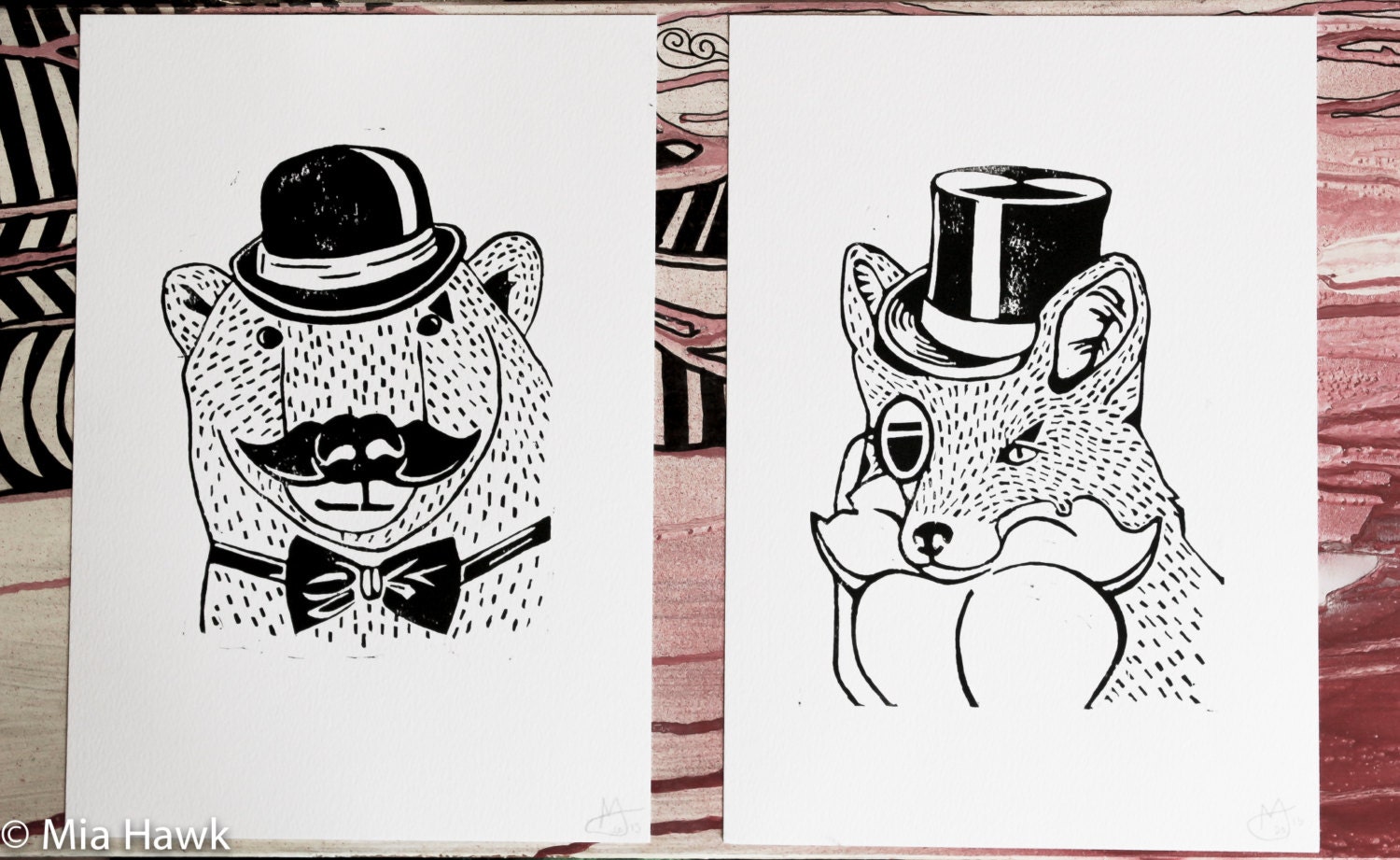 Pack of 2, Gentleman Fox and Polar bear A4 Lino cut Print