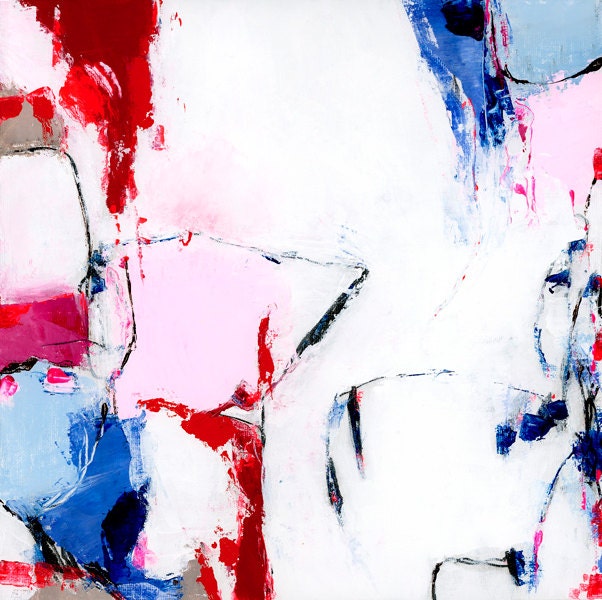Red Blue Pink Original Abstract Painting 12x12 acrylic contemporary art on canvas board white geometric gift for her