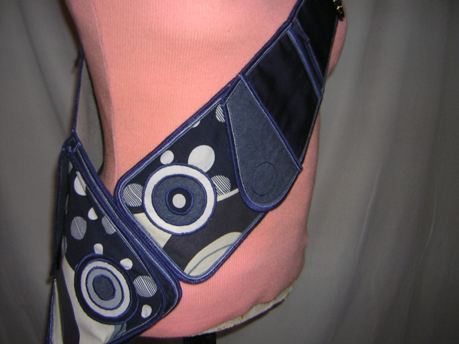 Bike Bag Sling Pack backpack biking hiking tote Body Purse cross body bag travel purse mixed fabrics in Dark blue-White  with circle