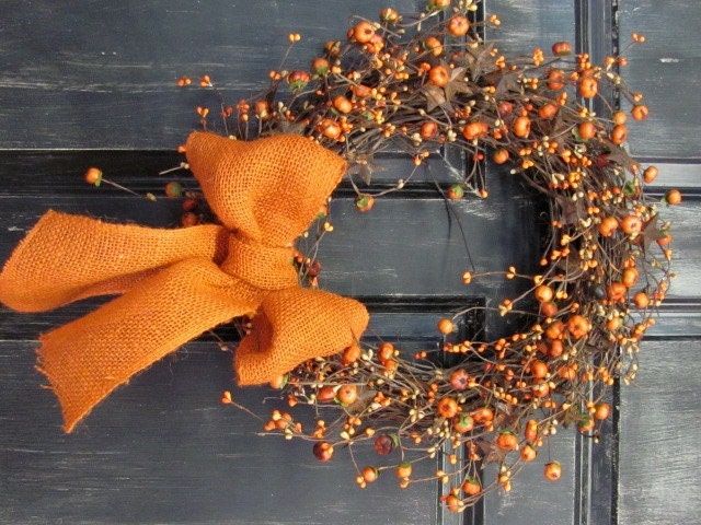 Fall Wreath - Pumpkin & Rusty Tin Star Berry Wreath -  Primitive Wreath - Primitive Fall Door Wreath - BURLAP BOW - Halloween Wreath