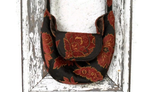 Boho Bag Purse with Brown Rust Chenille and Silk Dupioni