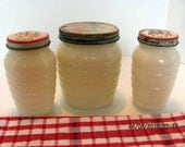 Fire King Ivory Range Set with Tulip Design-Grease Jar with Salt & Pepper Shakers