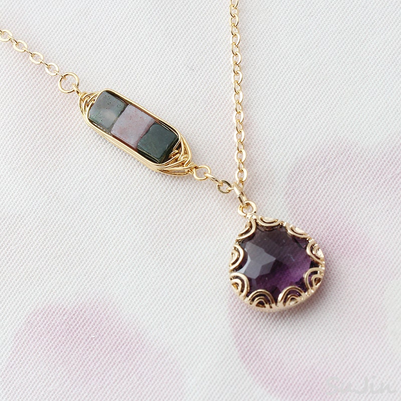 Wired Triple Cube Connector, Purple CZ Droplet, Necklace