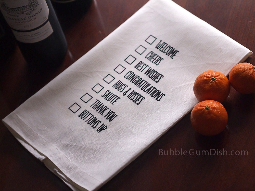 Hostess Gift Giving Checklist Dish Tea Towel Linen Cheers Welcome Best Wishes Congratulations