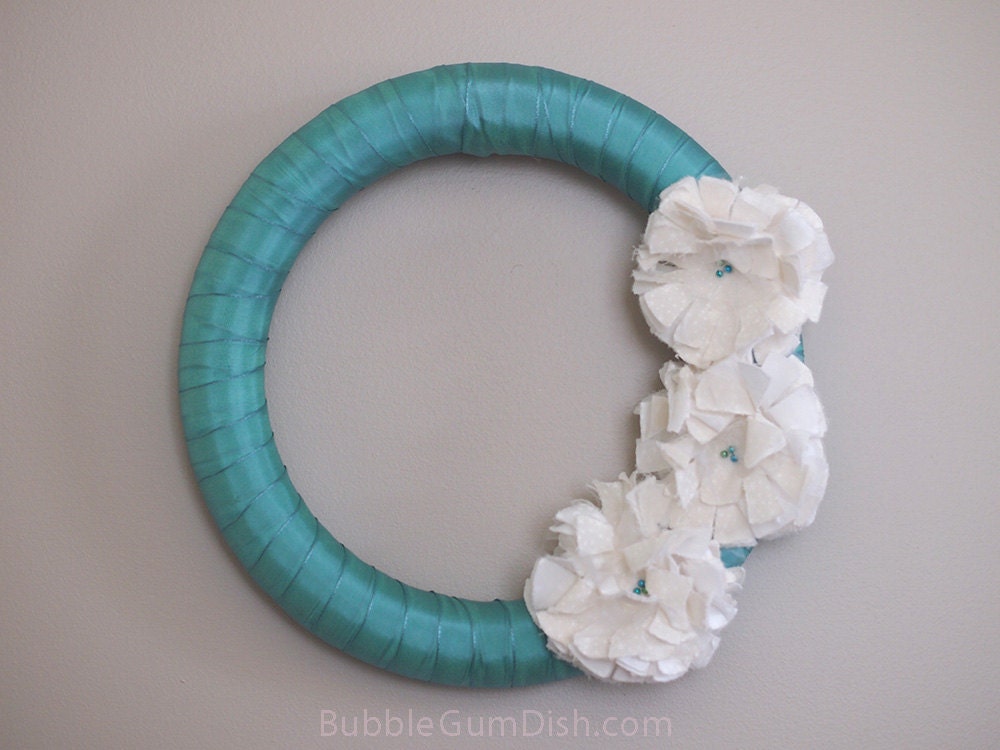Fabric Flower Wreath Celadon Blue Home Decor Shabby Chic