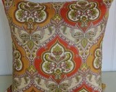 Orange Decorative Pillow Cover--20 x 20--Suzani Throw Pillow-- Green, Red, Gold.