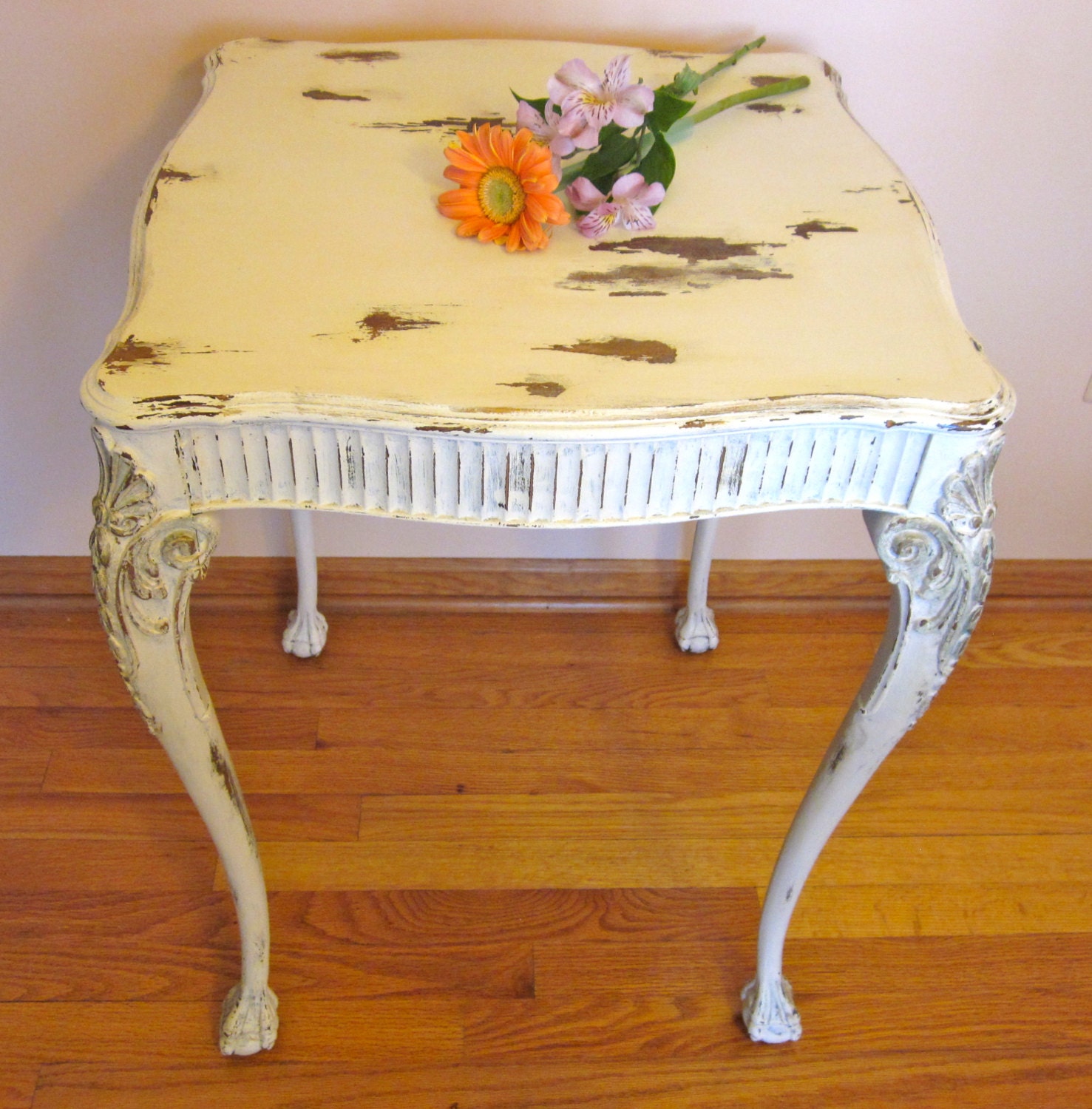 Vintage Reclaimed Accent Side Table  distressed chalk painted French shabby chic  clawfoot