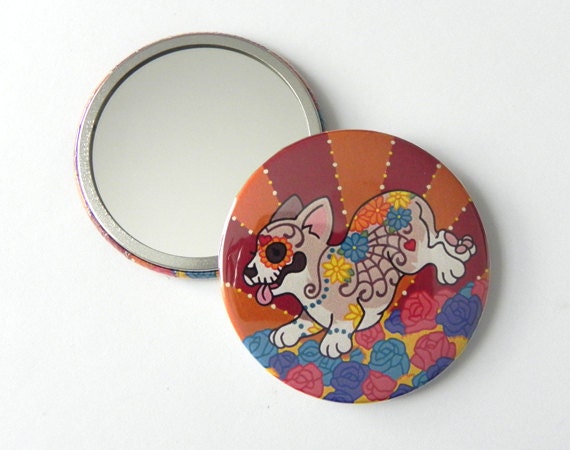 Corgi Compact Pocket Mirror Day of the Dead / Dia de los Muertos / Halloween
