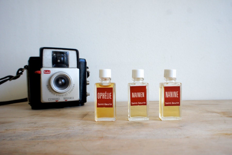 Vintage French Perfume Bottles // Small Samples 1970 // Bath & Beauty // Minimalist // Yellow Red Maroon Photo Prop // Chic Paris Decor