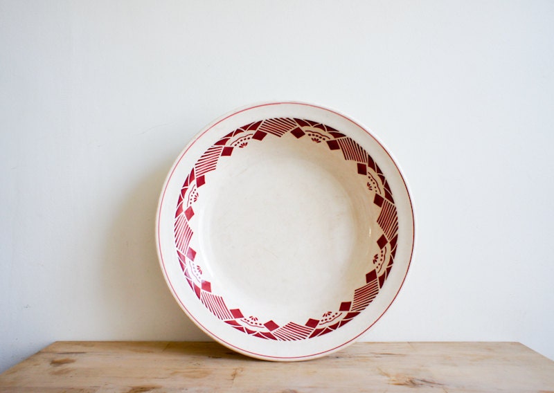Vintage French Serving Platter // Digoin Sarreguemines // Large Dish // Art Deco Pattern // burgundy garnet red oxblood // french country