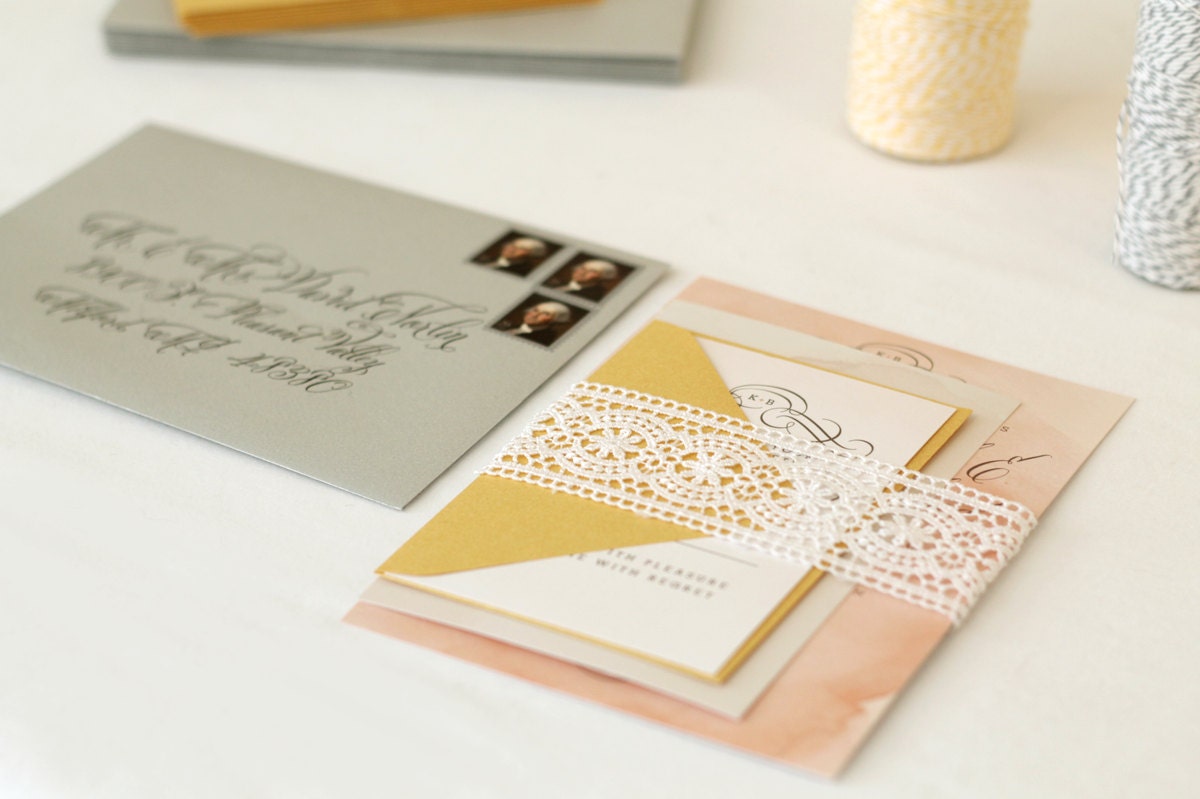 Fun Peach Gold Silver Watercolor Wedding Invitation