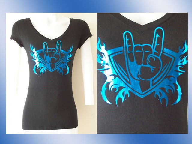 Junior / Womens Black V Neck Metal Horns Blue Foil Womans Top Size Small, Medium, Large, XL, 2XL, 3XL