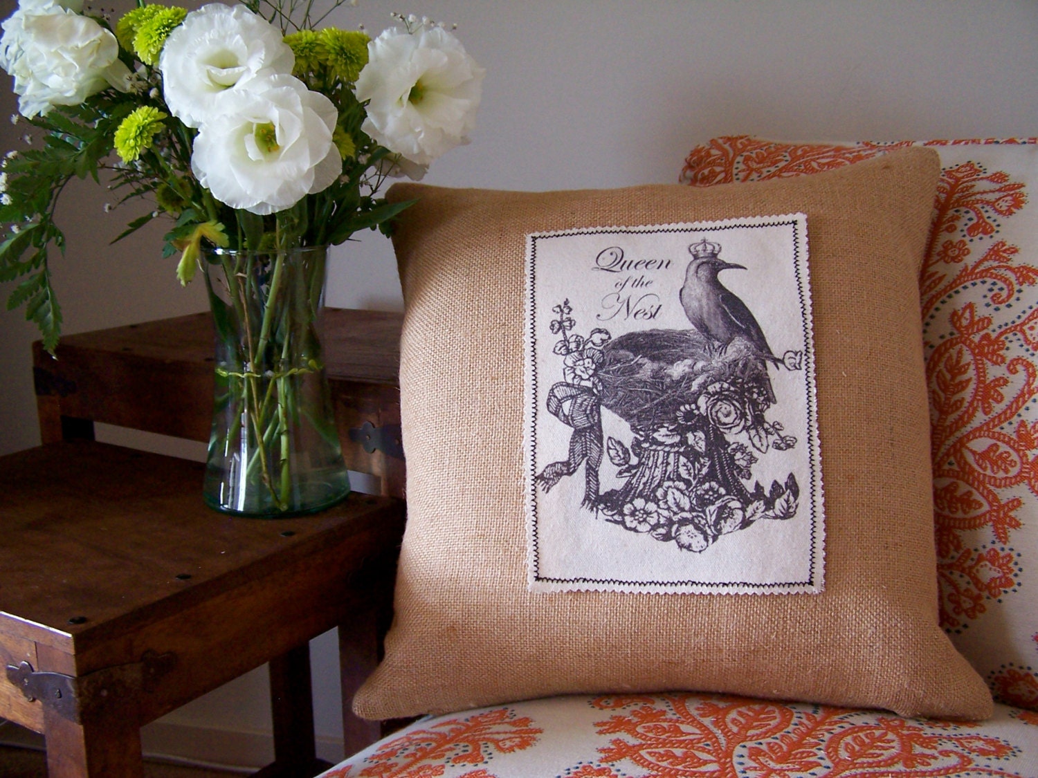 Queen of the Nest Bird with Crown Mother's Day Rustic Burlap Pillow Cover  16 x 16 inches