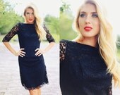 1950s Lace Button Bow Hepburn Little Black Dress