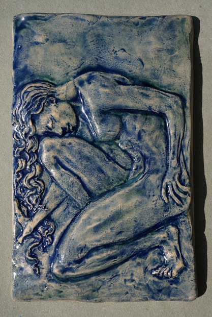 Figurative Relief Sculpture Nude Female Ceramic Tile or Wall Hanging