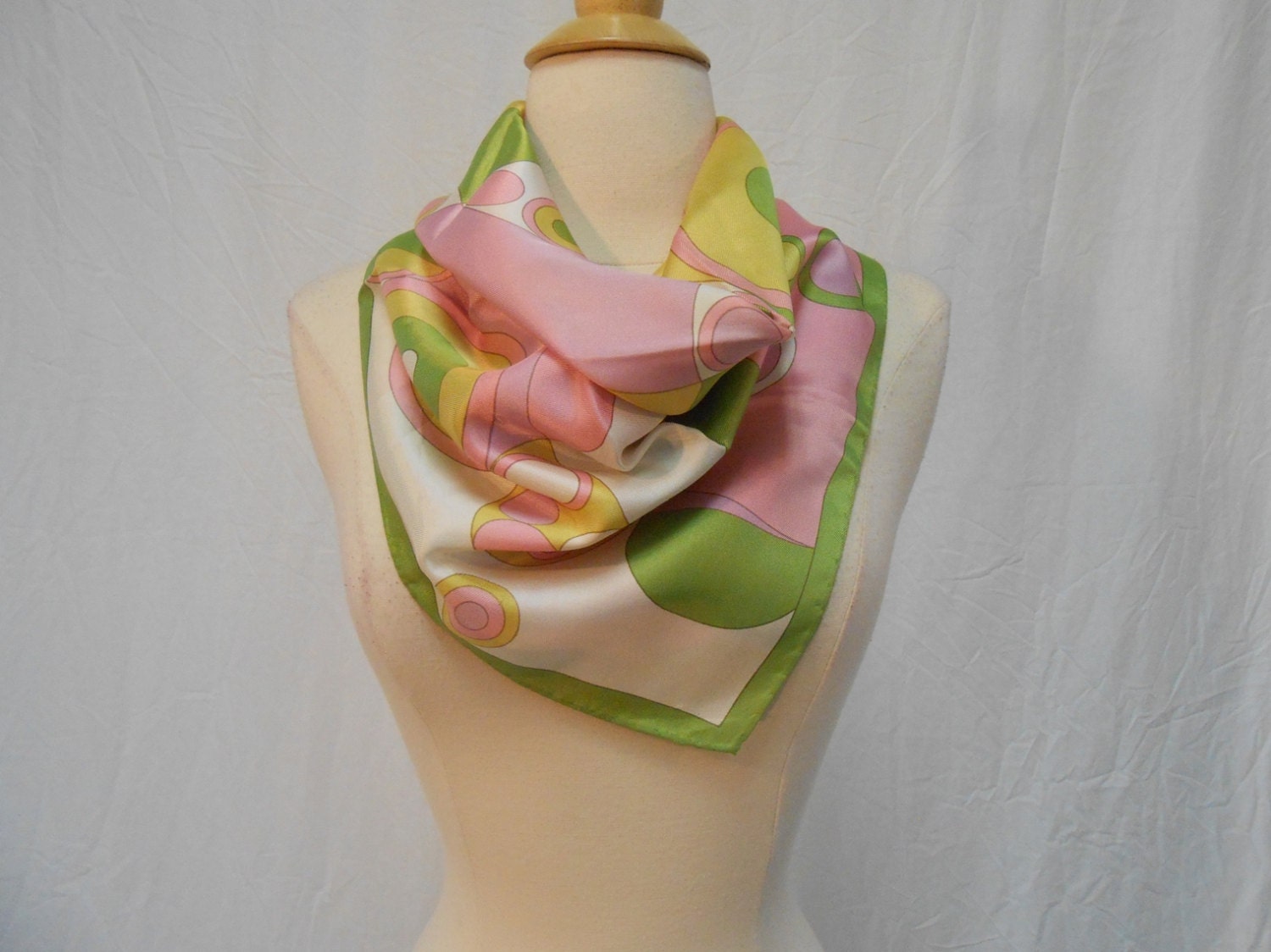 RESERVED STANA: Green & Pink Abstract MOD Bubble Print Silk Scarf / Large Square Scarf 26 x 26