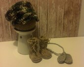 Army Flat Top Camo Hat, Combat Boot Booties and Crochet Dog Tags - Crochet - Khaki -  Newborn - 6 months